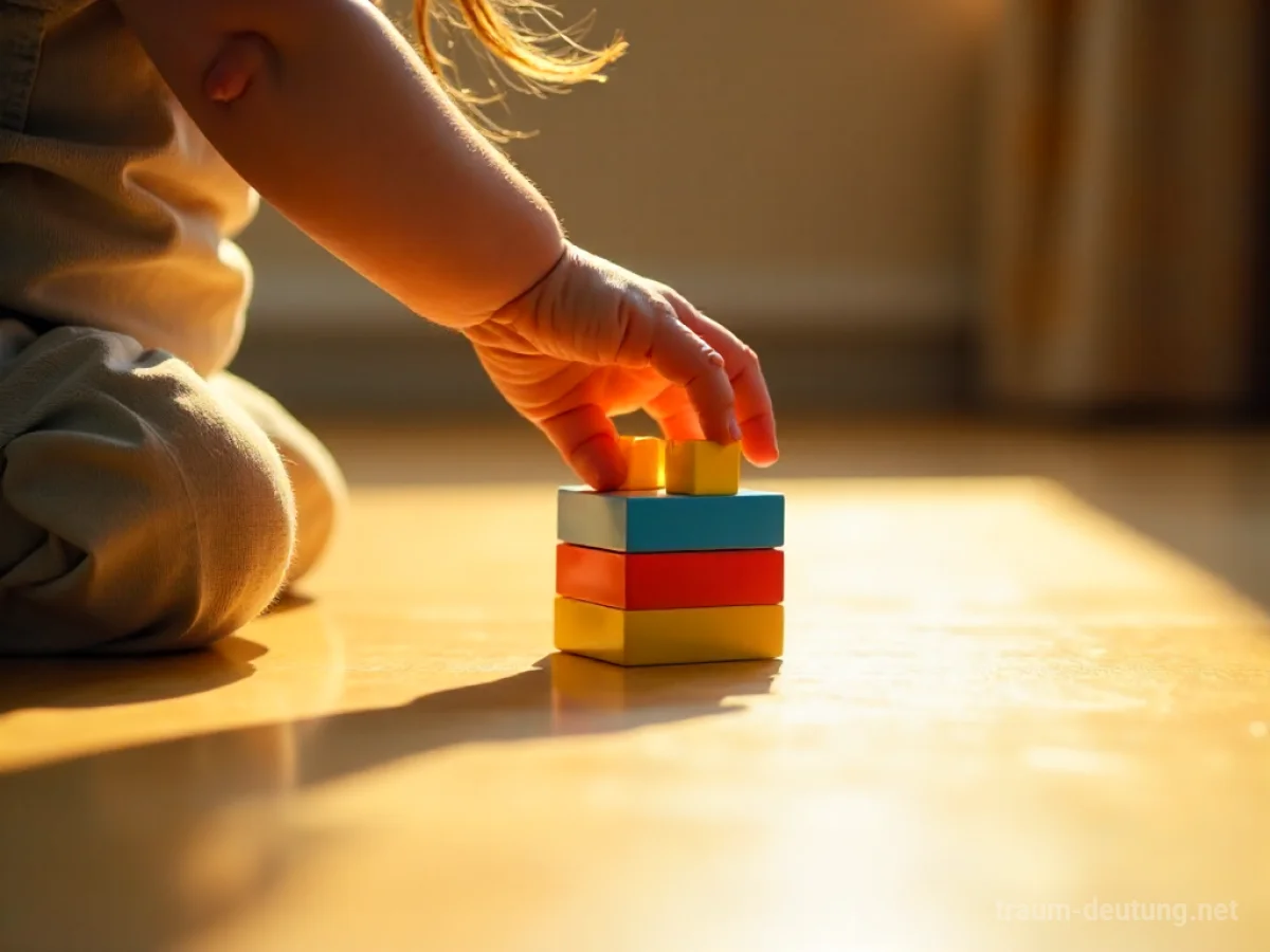 Kindliche Hand greift nach einem bunten Spielzeugblock auf dem Boden.