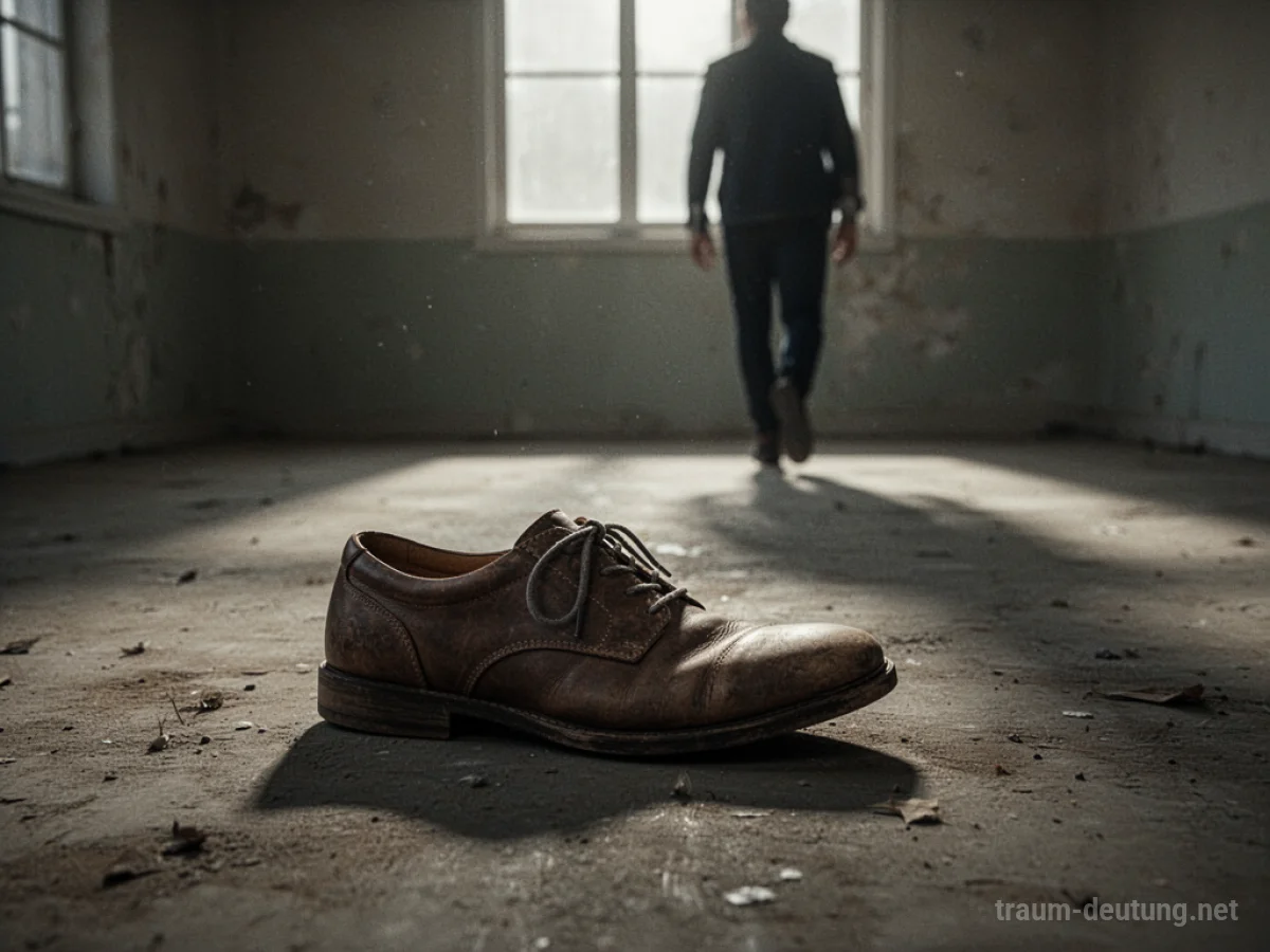 Ein einzelner Schuh liegt auf dem Boden, während eine dunkle Silhouette davongeht.
