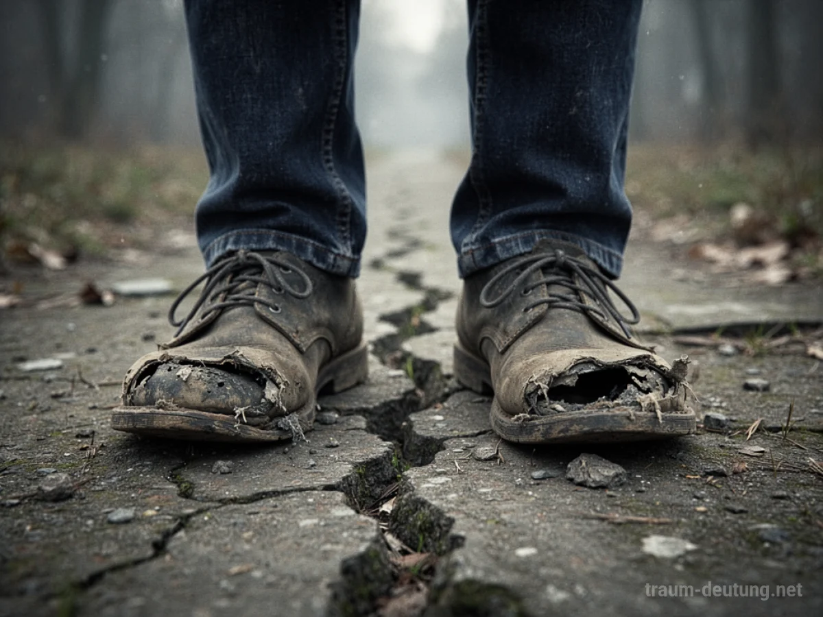 Füße in abgetragenen, kaputten Schuhen auf einem unebenen Pfad