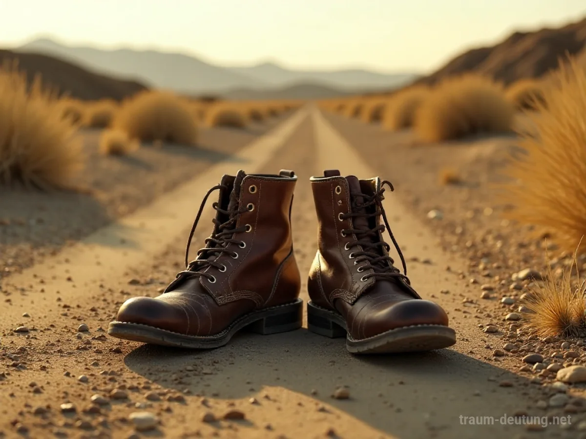Kaputte Stiefel liegen auf einem staubigen Weg in einer verlassenen Landschaft