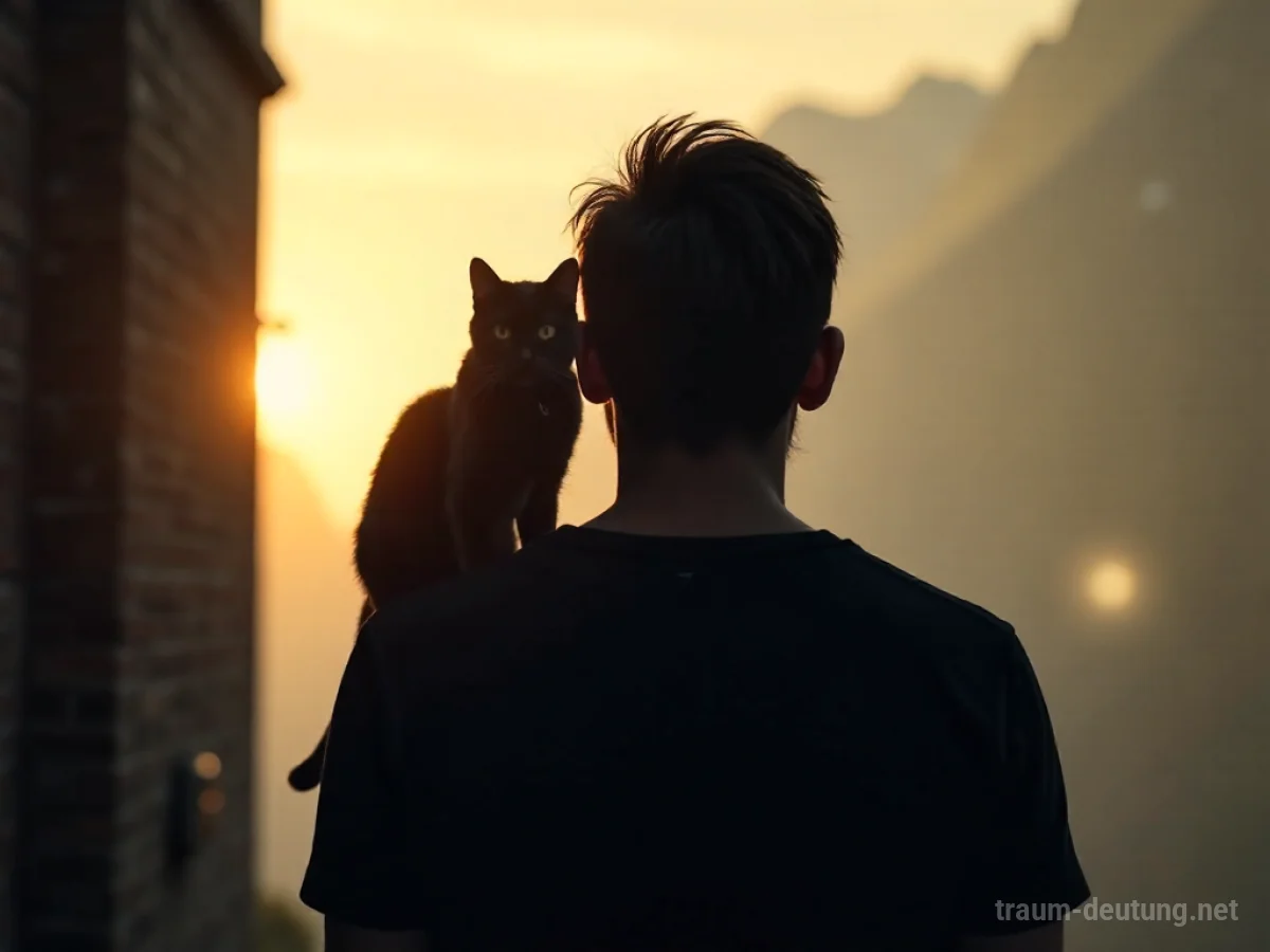 Silhouette einer Person mit Katze auf der Schulter vor abstraktem Hintergrund.