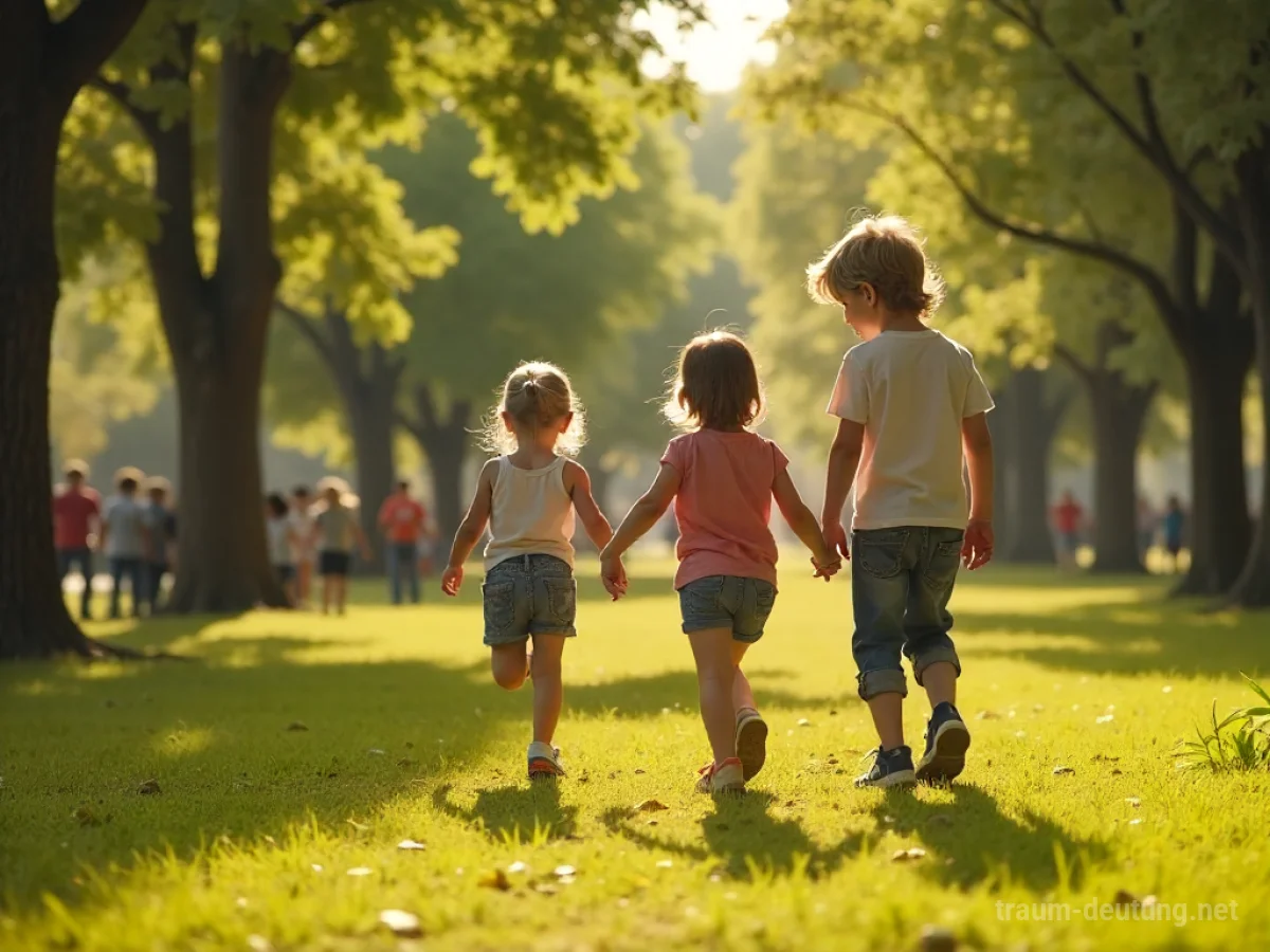 Kinder spielen im Sonnenschein auf einer Wiese verschiedene Kinderspiele.