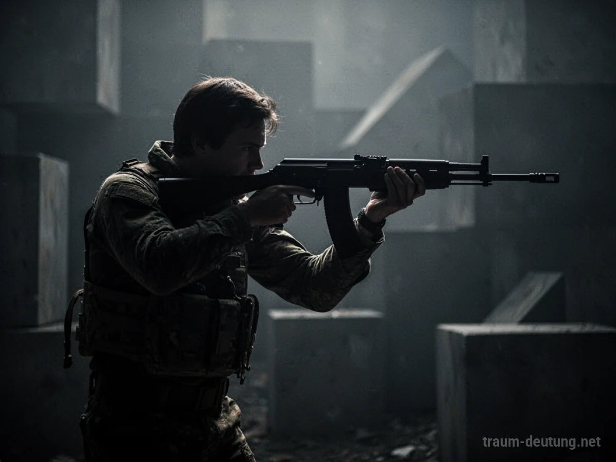 Silhouette einer Person, die mit einem Gewehr zielt, in dunkler, abstrakter Umgebung.