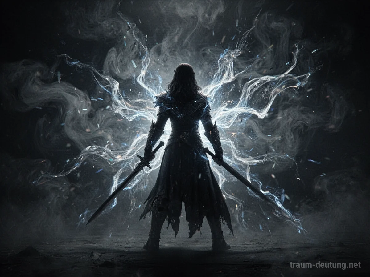 Silhouettenfigur mit erhobenem Schwert, umgeben von abstrakter Energie.