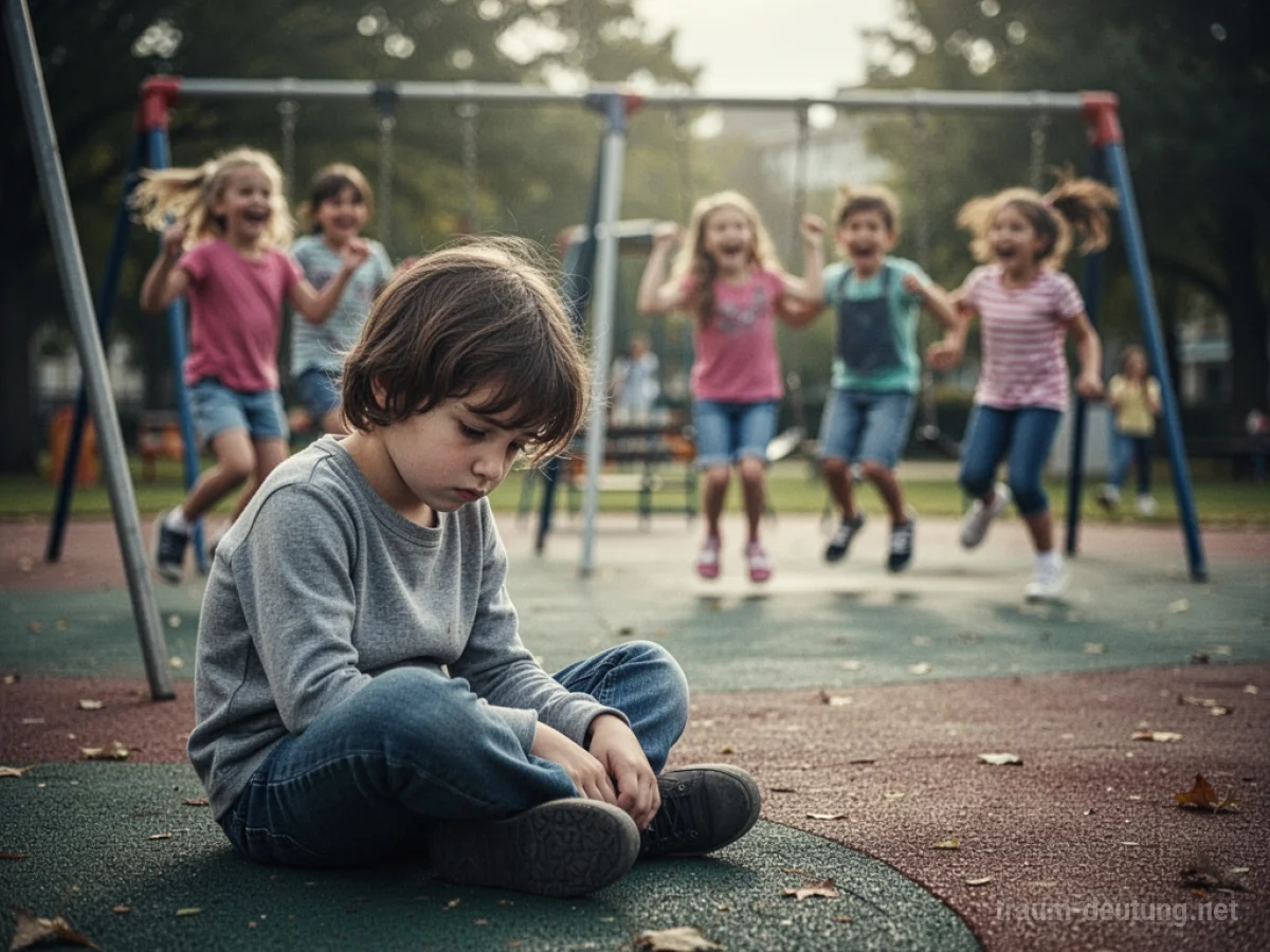 Kind sitzt traurig allein auf einem Spielplatz, während andere Kinder spielen.