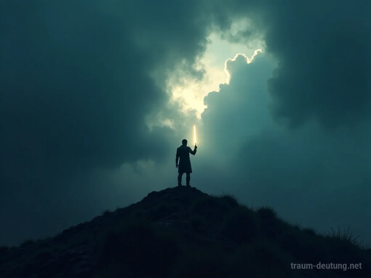 Silhouette einer Person mit leuchtendem Schwert auf einem Berg