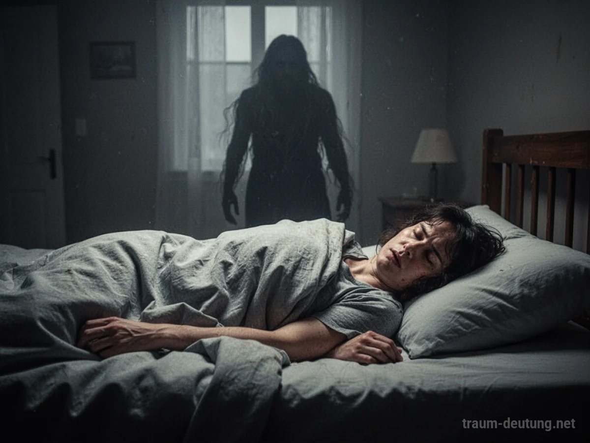 Person liegt wie gelähmt im Bett, während eine dunkle Silhouette im Hintergrund sichtbar ist.
