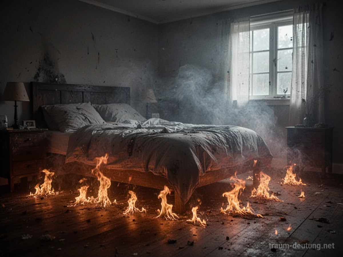 Flammen breiten sich im Schlafzimmer aus, Rauch steigt auf