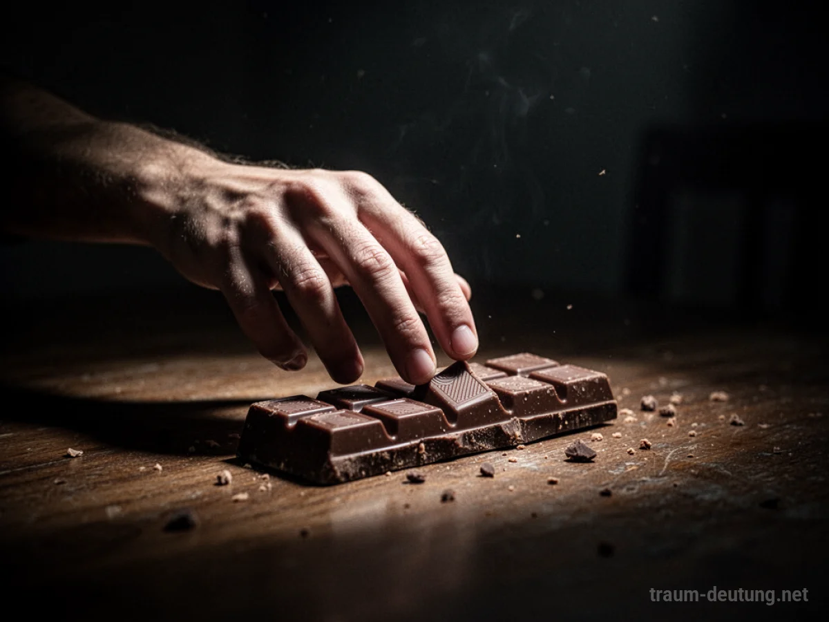 Hand stiehlt Schokolade von einem Tisch im Schatten