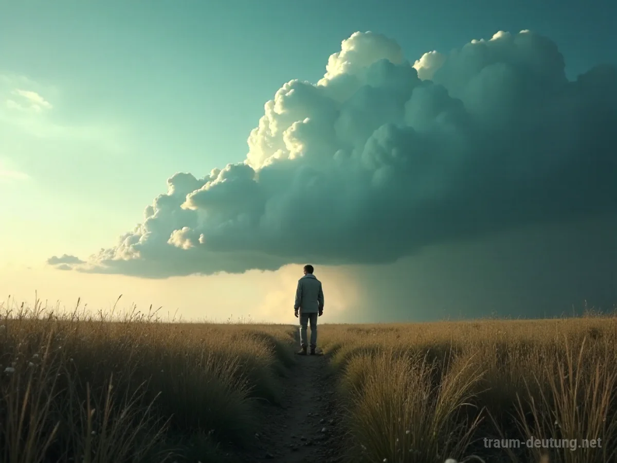 Eine einzelne Person steht schutzlos auf einem Feld, während sich am Horizont eine dunkle Wolke zusammenzieht.