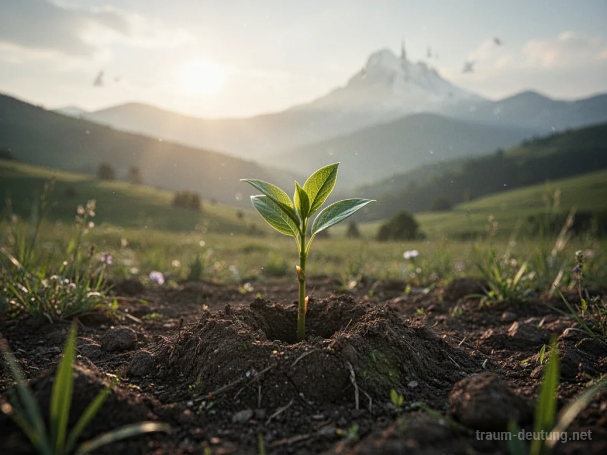 Ein zarter grüner Spross wächst aus der Erde im sanften Sonnenlicht.