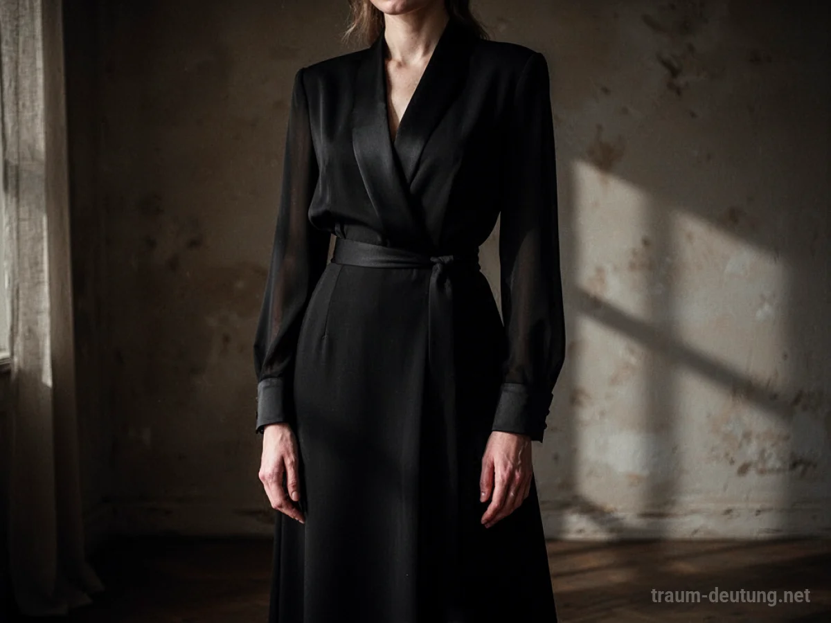 Eine Person trägt elegante schwarze Kleidung in einem schattigen Raum.