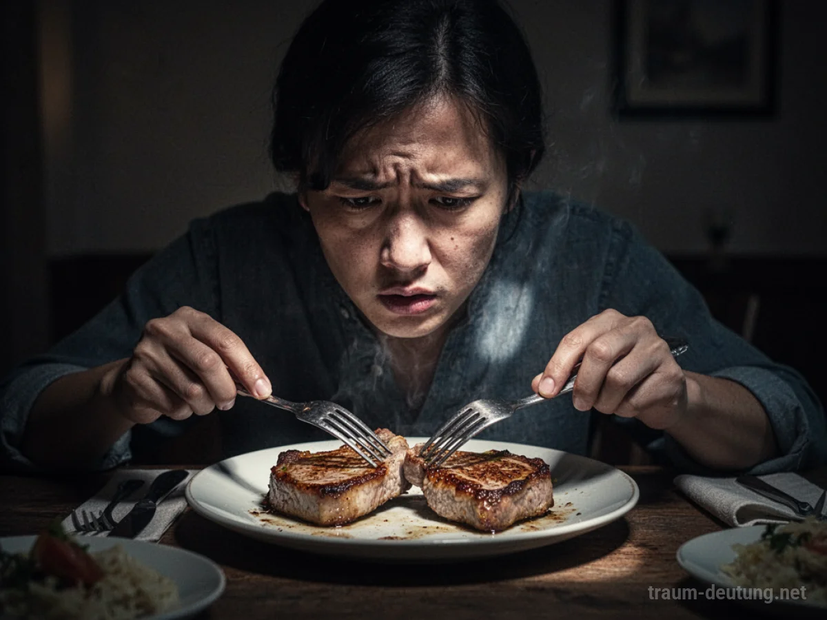 Person isst Schweinefleisch an einem Tisch mit gedämpftem Licht.