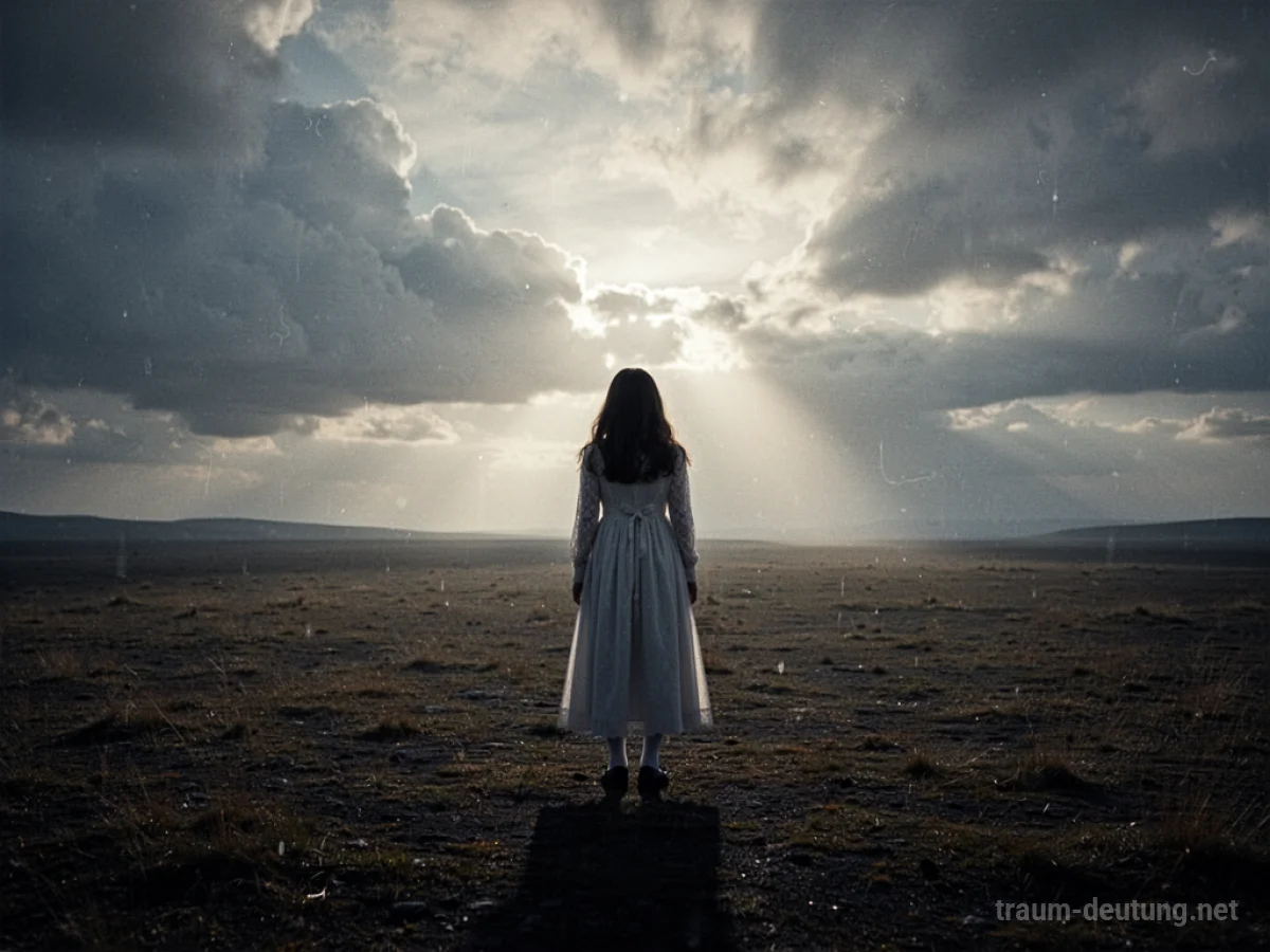 Schattenhafte Schwesterfigur in weiter Landschaft mit Licht am Horizont.