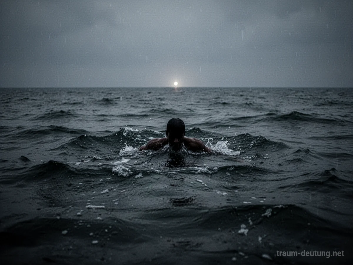 Silhouettenfigur schwimmt verzweifelt durch dunkles Wasser auf ein fernes Licht zu.
