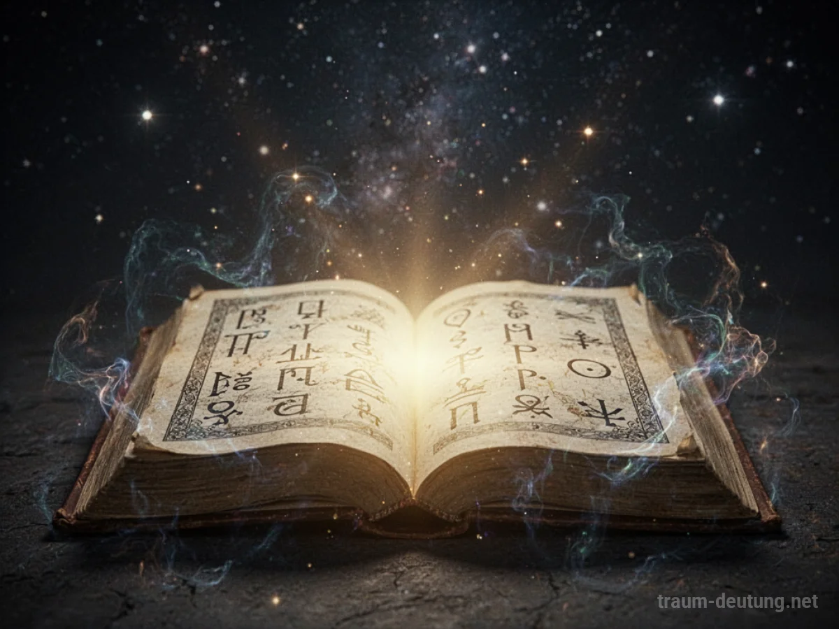 Ein leuchtendes Buch mit alten Symbolen, das Seelenwissen vermittelt.