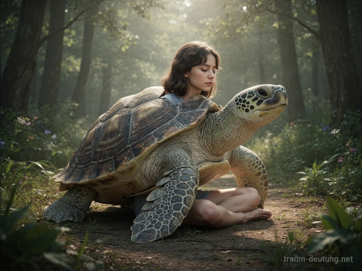 Person verwandelt sich langsam in eine Schildkröte in natürlicher Umgebung.