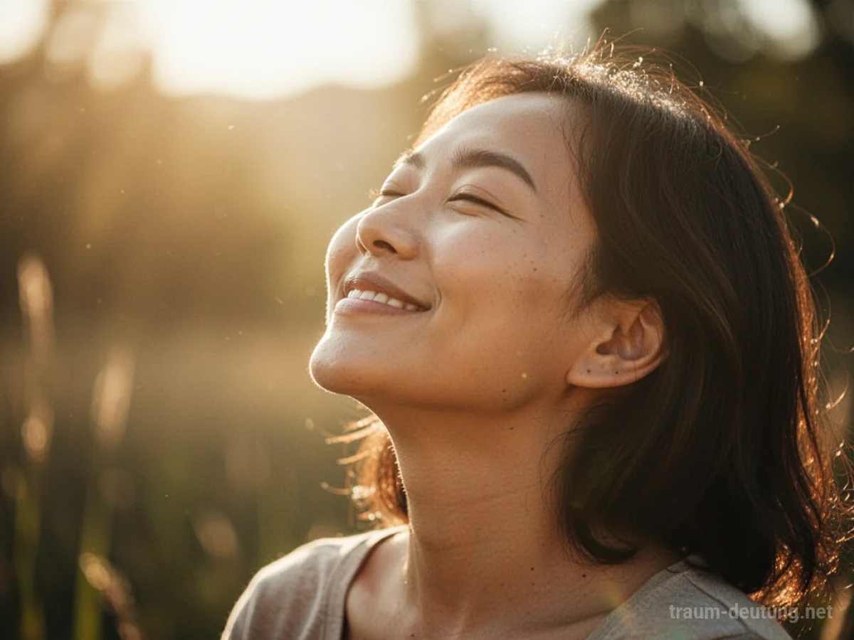 Eine Person genießt warmes Sonnenlicht mit einem Lächeln.