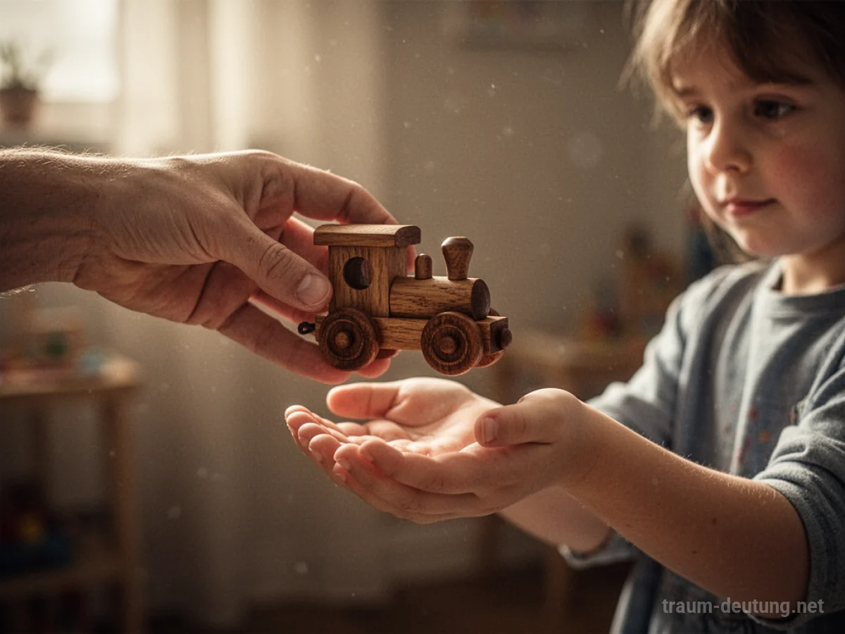 Kind erhält ein Holzspielzeug von einer Hand, die als mütterlich wahrgenommen wird.
