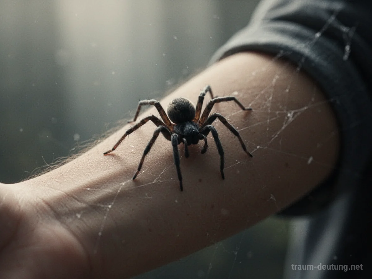 Eine stilisierte Spinne krabbelt auf einem menschlichen Arm.
