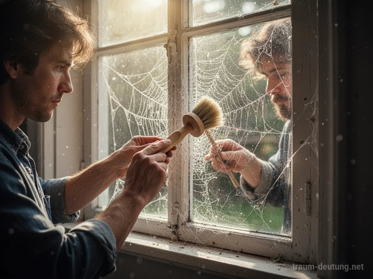 Person reinigt ein Spinnennetz von einem Fensterrahmen mit einem Pinsel.