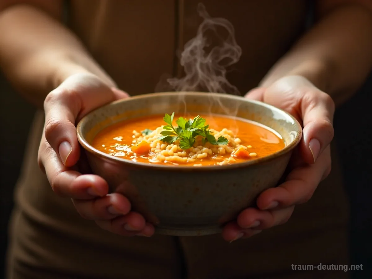 Hände reichen eine dampfende Schüssel Suppe