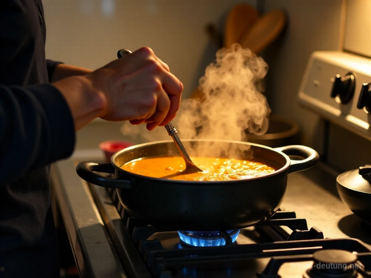Eine Person kocht Suppe in einem Topf auf einem Herd.