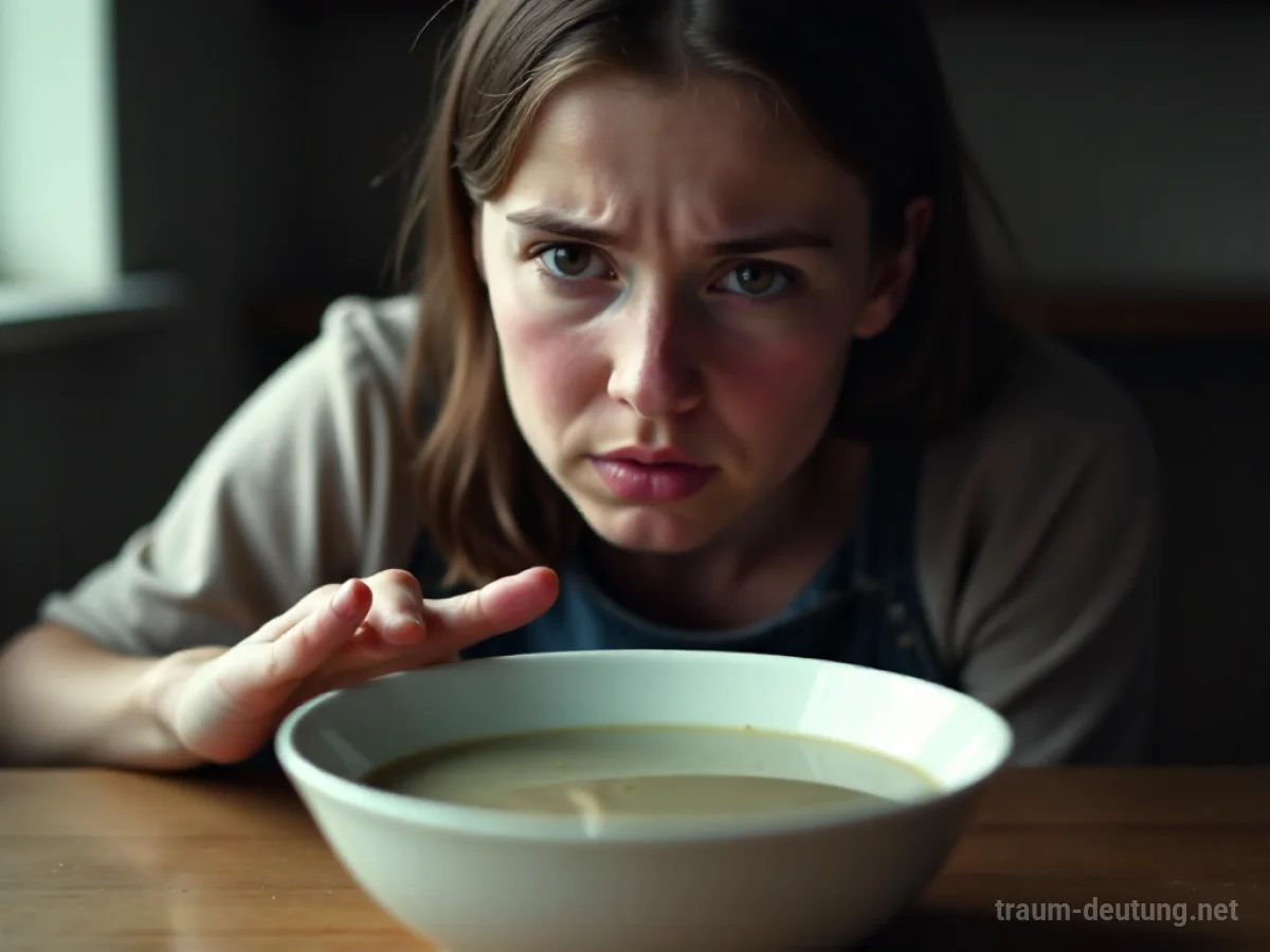 Eine Person wendet sich angewidert von einer Schüssel Suppe ab
