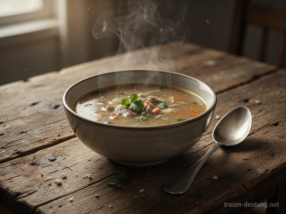 Dampfende Schüssel Suppe auf Holztisch im warmen Licht.