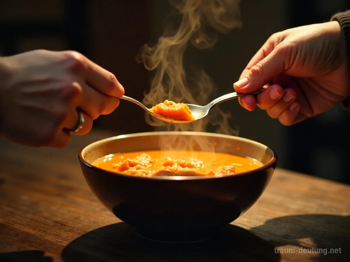Zwei Hände teilen eine dampfende Schüssel Suppe im Traum