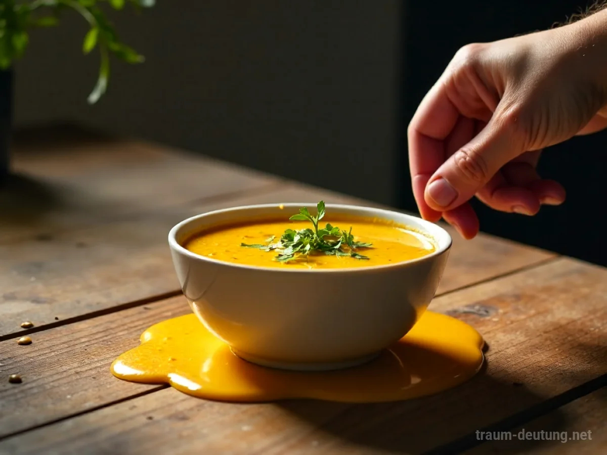 Verschüttete Suppe auf einem Tisch, eine Hand versucht, die Kleckerei zu beseitigen.