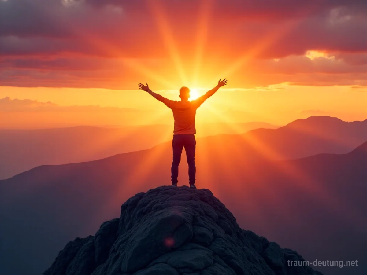 Person steht triumphierend auf einem Berggipfel bei Sonnenaufgang