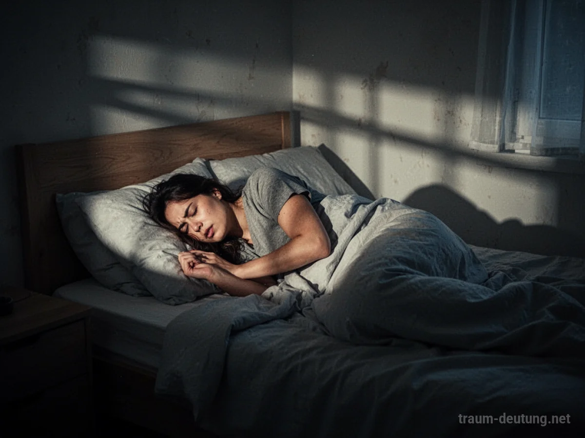 Eine Person wälht sich unruhig im Bett in einem schattigen Schlafzimmer.