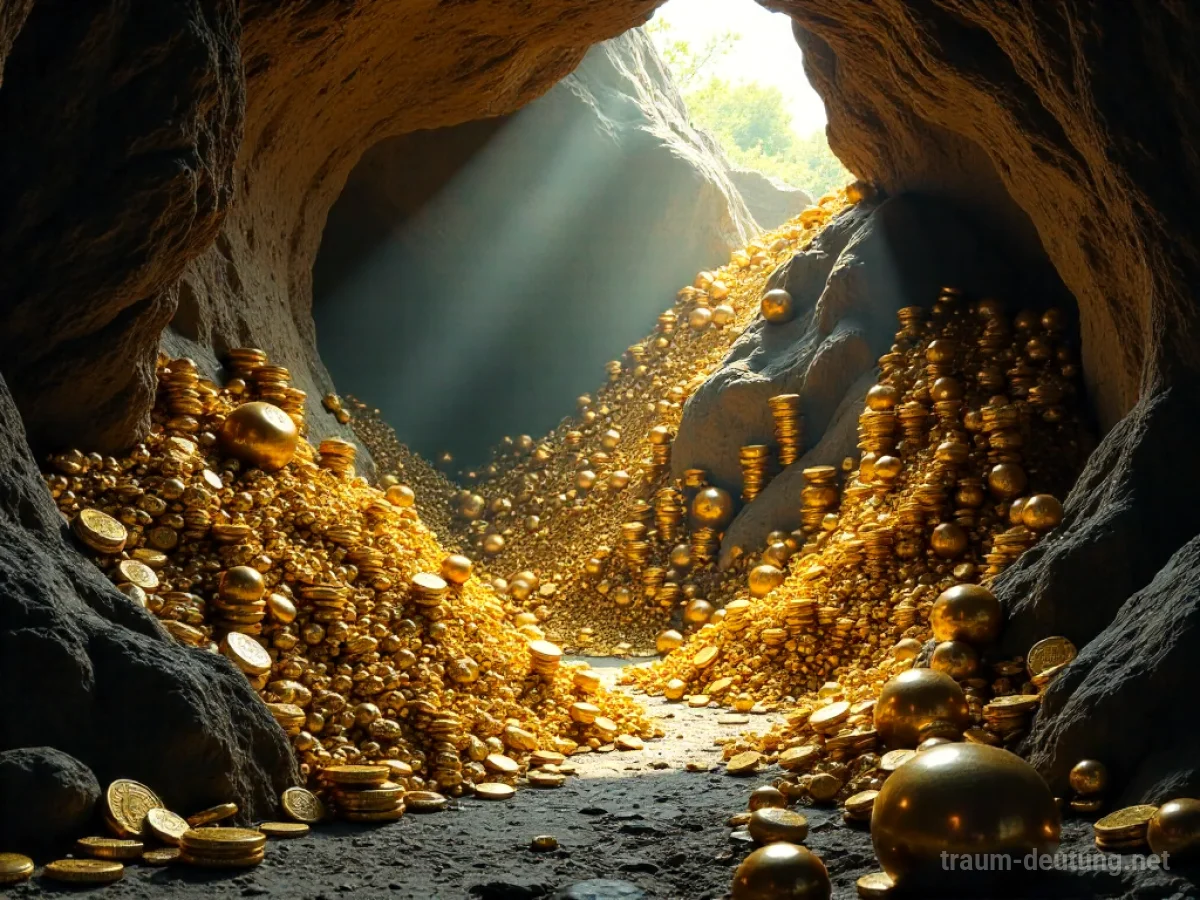Ein Berg aus glitzernden Schätzen wie Goldmünzen und Juwelen in einer Höhle.