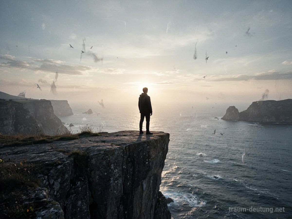 Schattenfigur steht am Rand einer Klippe mit Blick auf einen hellen Horizont