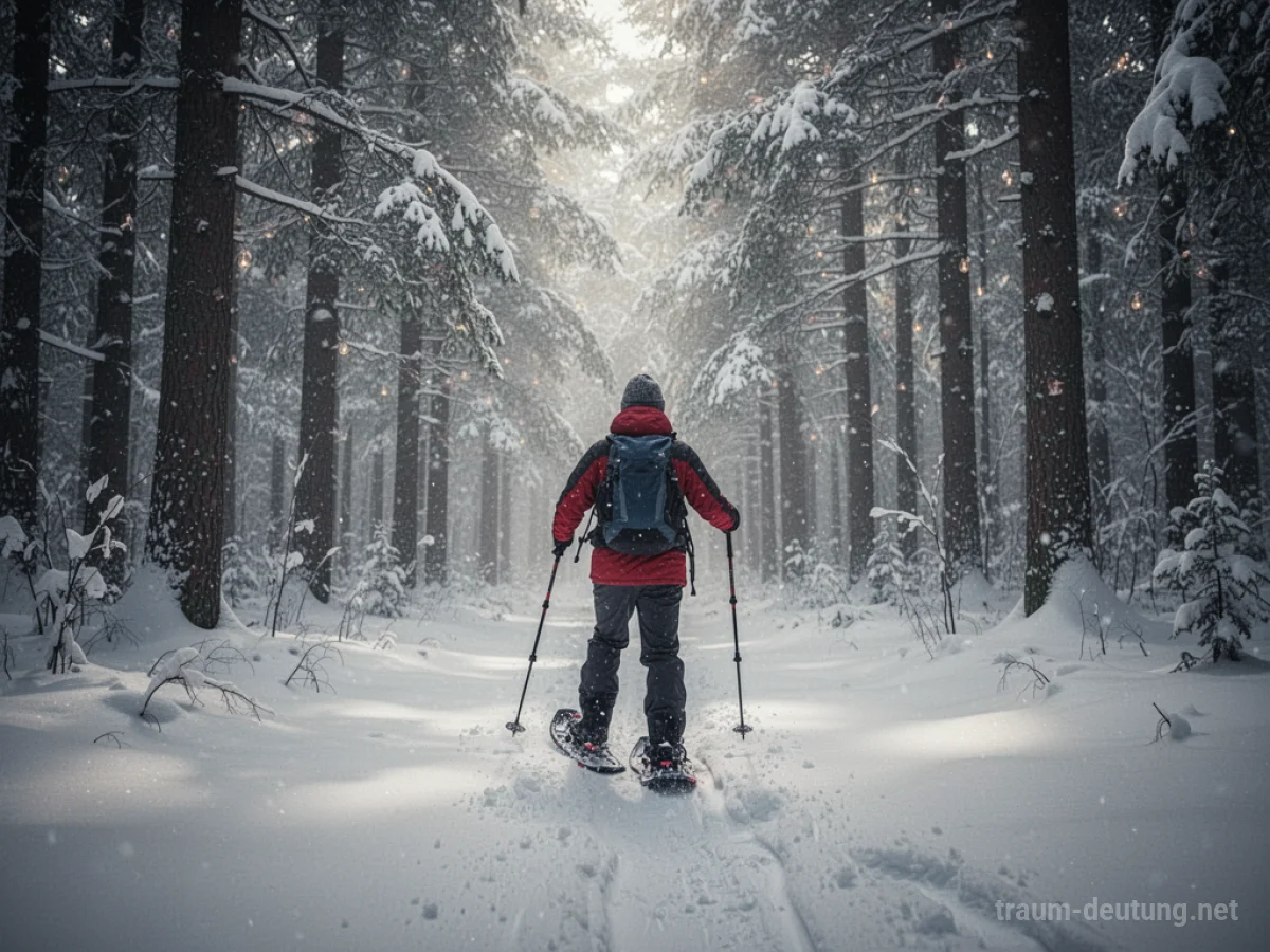 Person wandert auf Schneeschuhen durch verschneiten Wald
