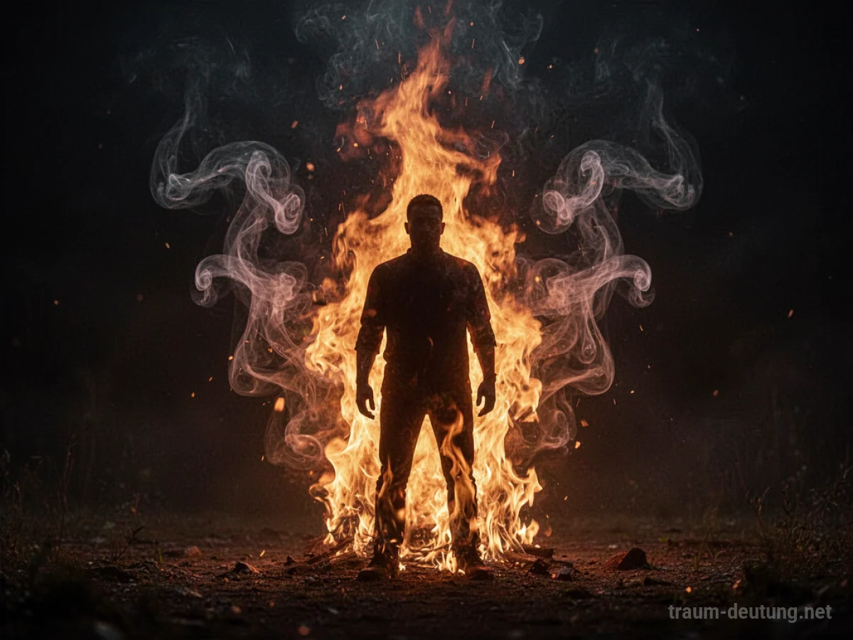 Silhouette einer Person, umgeben von stilisierten Flammen im Traum.