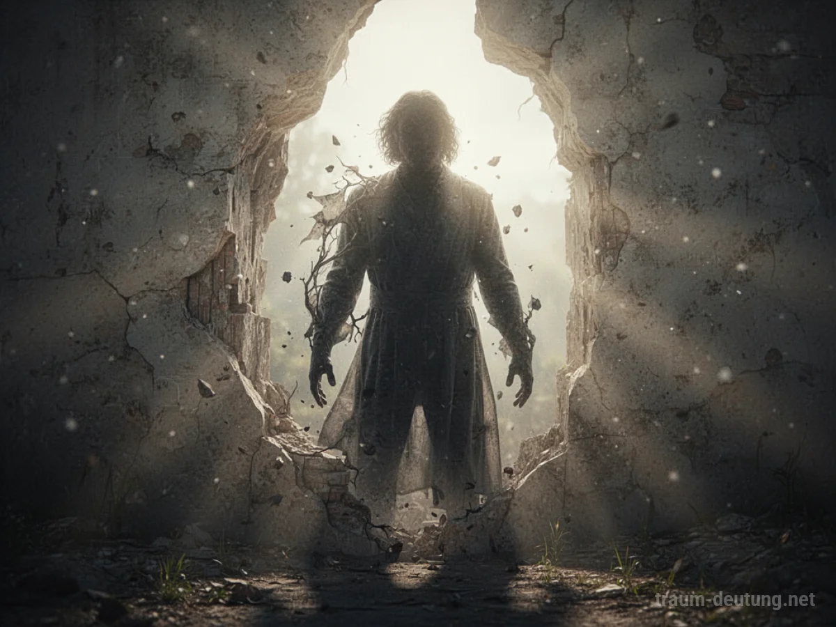 Schattenfigur tritt aus verblassender Form in helles Licht