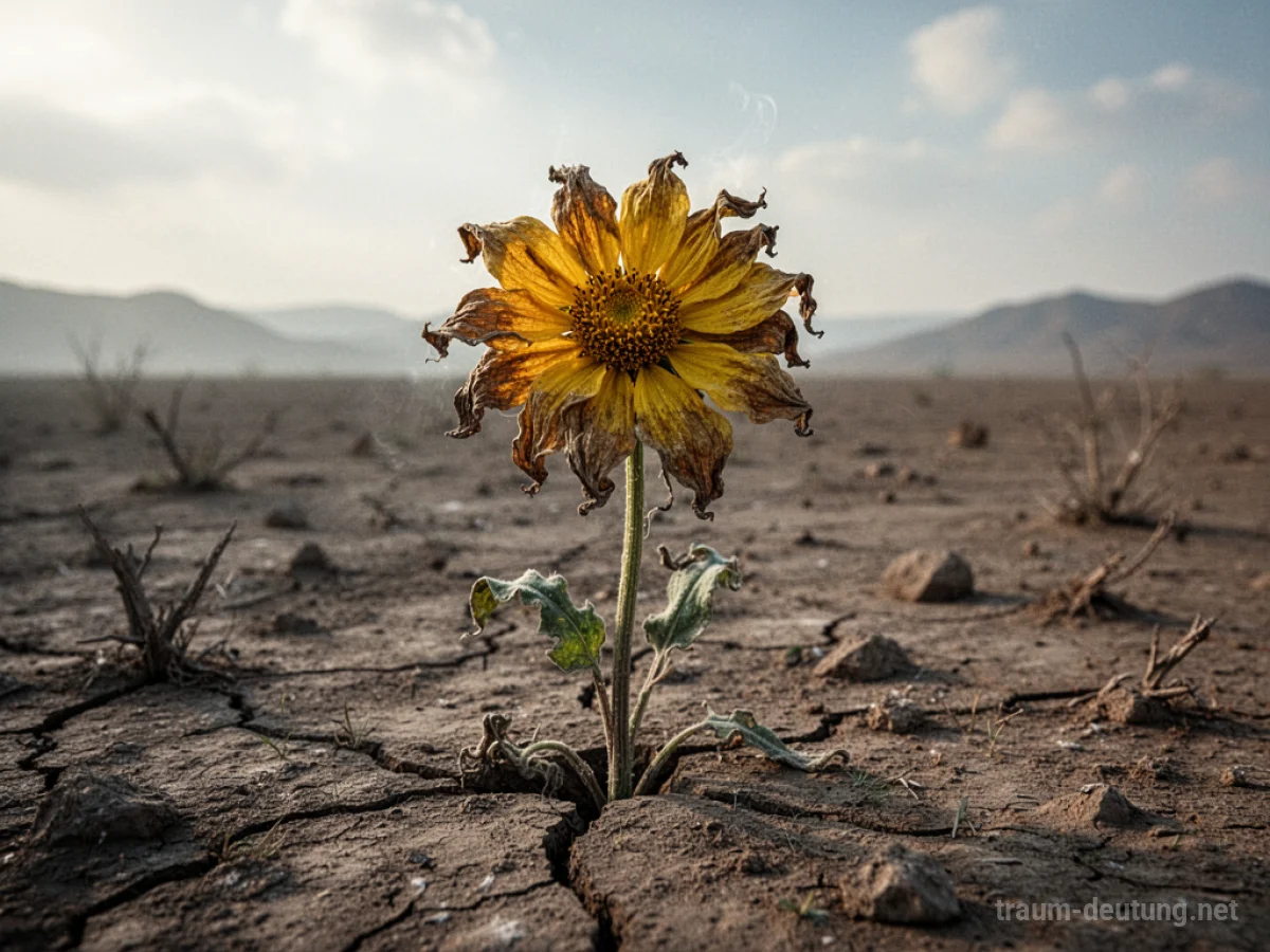 Eine verwelkte Blume, die in karger Landschaft aufblüht und neues Leben zeigt.