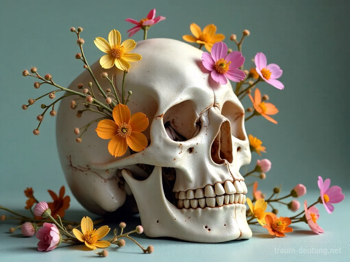 Schädel mit bunten Wildblumen geschmückt