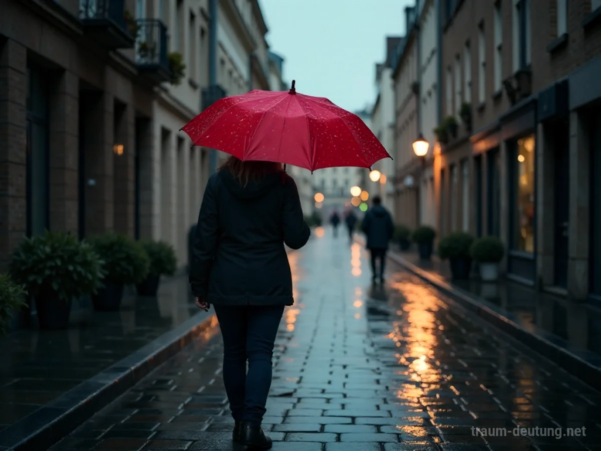 Eine Person mit einem bunten Regenschirm im Regen auf einer nassen Straße