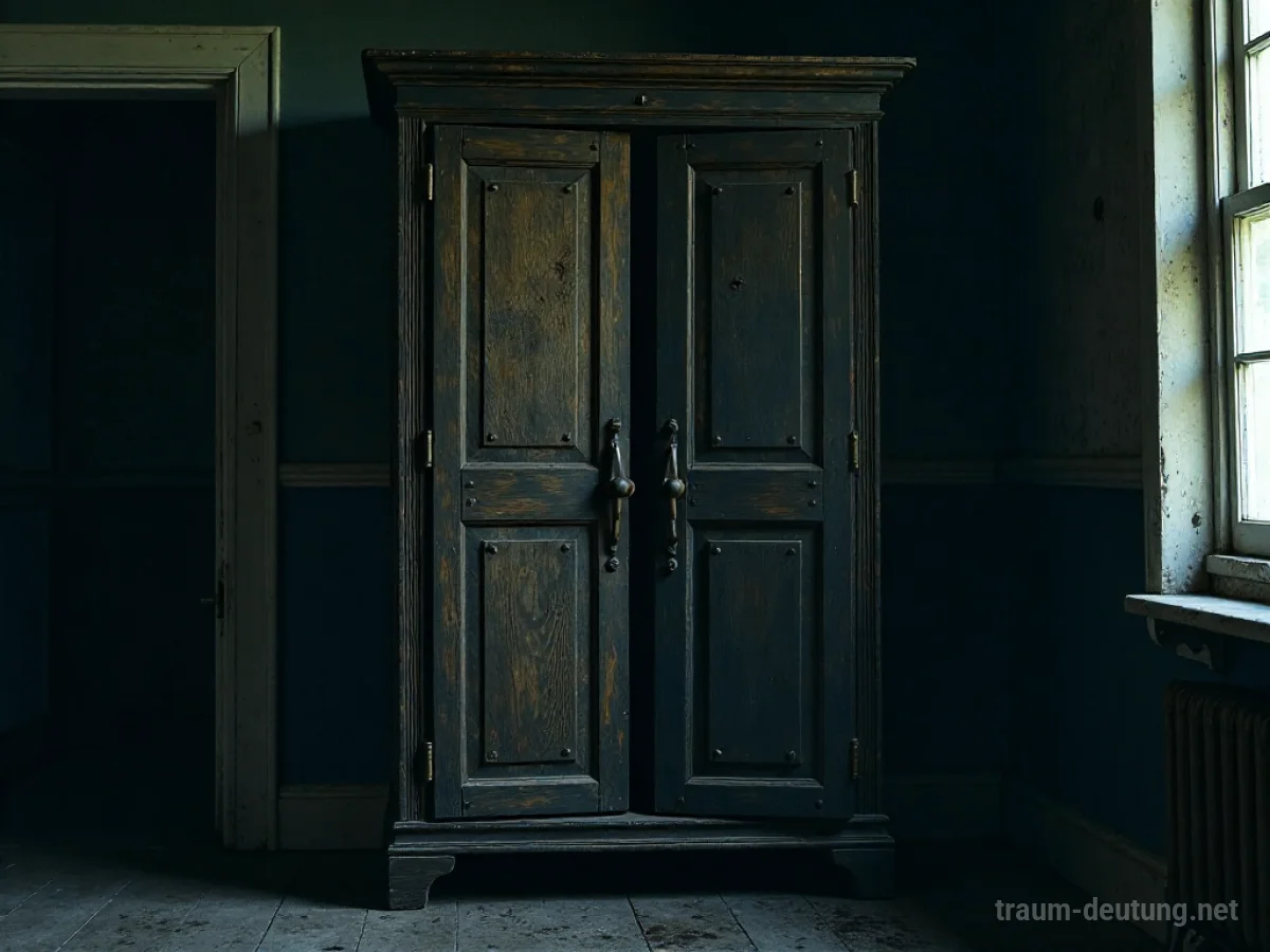 Ein alter, dunkler Schrank mit leicht geöffneten Türen, aus denen Schatten hervorquellen.