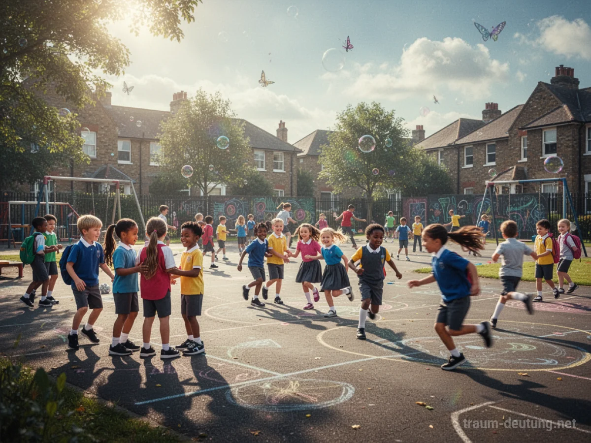 Ein sonniger Schulhof voller spielender und lachender Kinder.