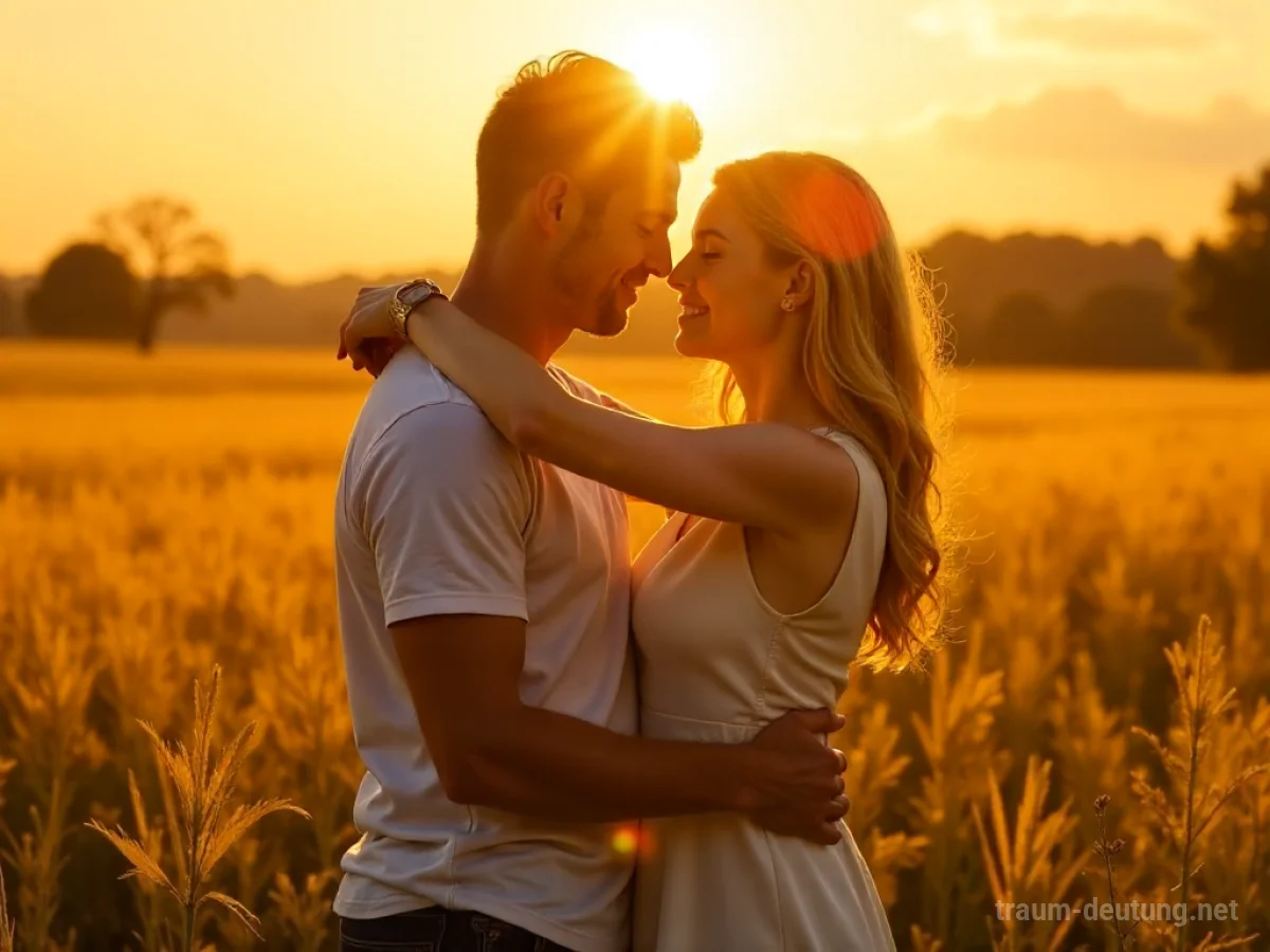 Ein Paar umarmt sich in einem sonnenbeschienenen Feld, symbolisiert Sieg in der Liebe.