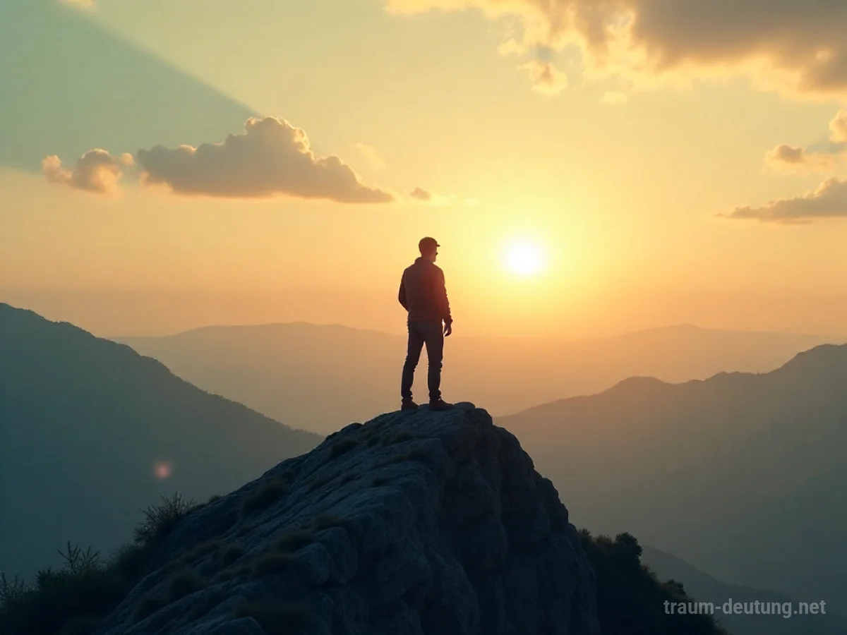 Person steht siegreich auf Bergspitze mit Blick zum Horizont
