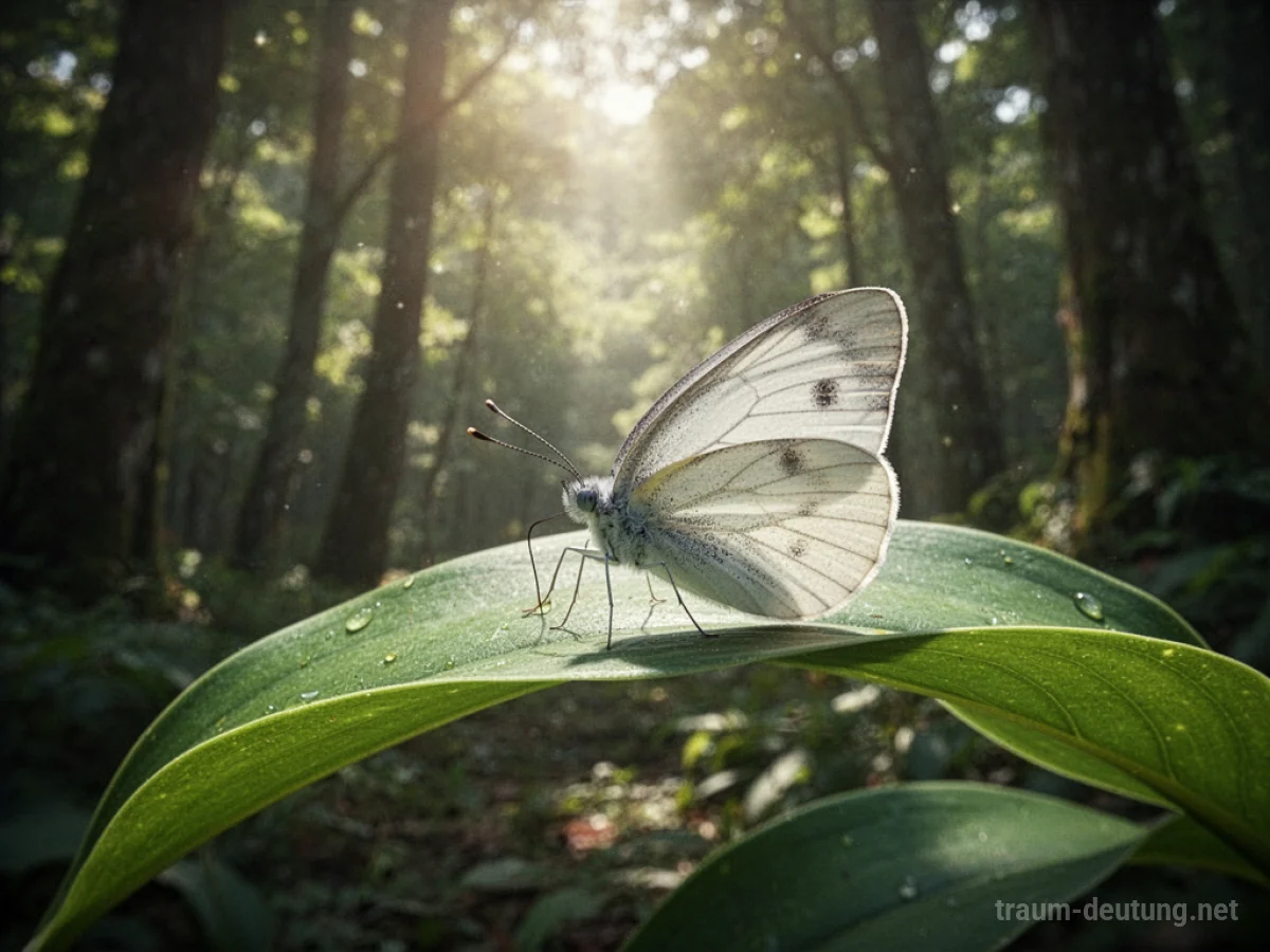 Ein weißer Schmetterling sitzt auf einem grünen Blatt im Sonnenlicht.