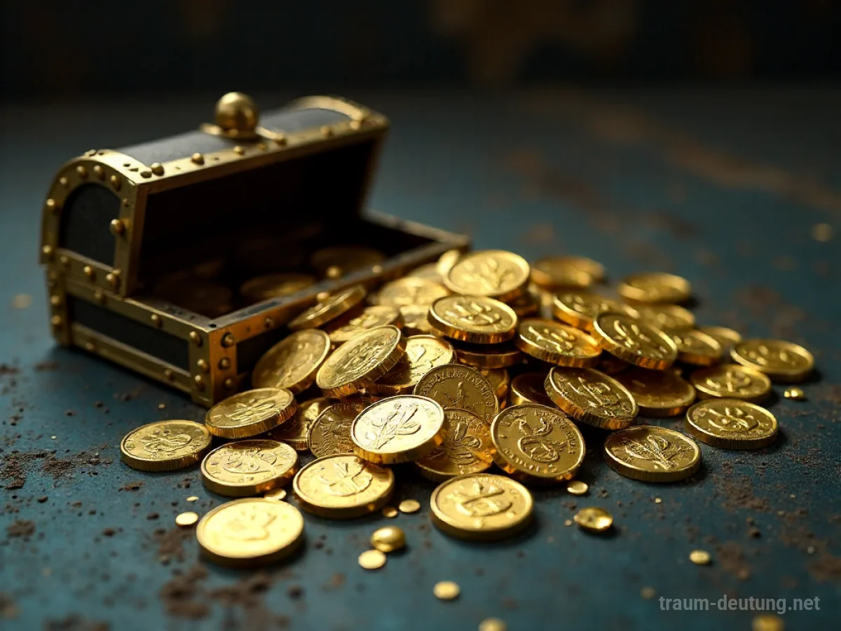 Ein Schatz aus Gold und Juwelen, der matt und verrostet wirkt, neben einer zerbrochenen Truhe.