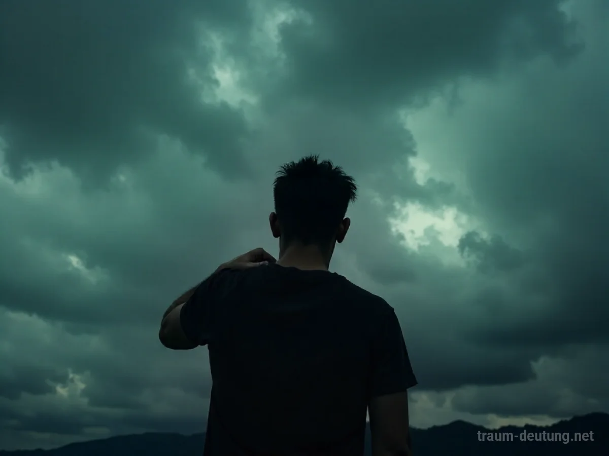 Silhouette einer Person mit ausgekugelter Schulter unter einer dunklen Wolke