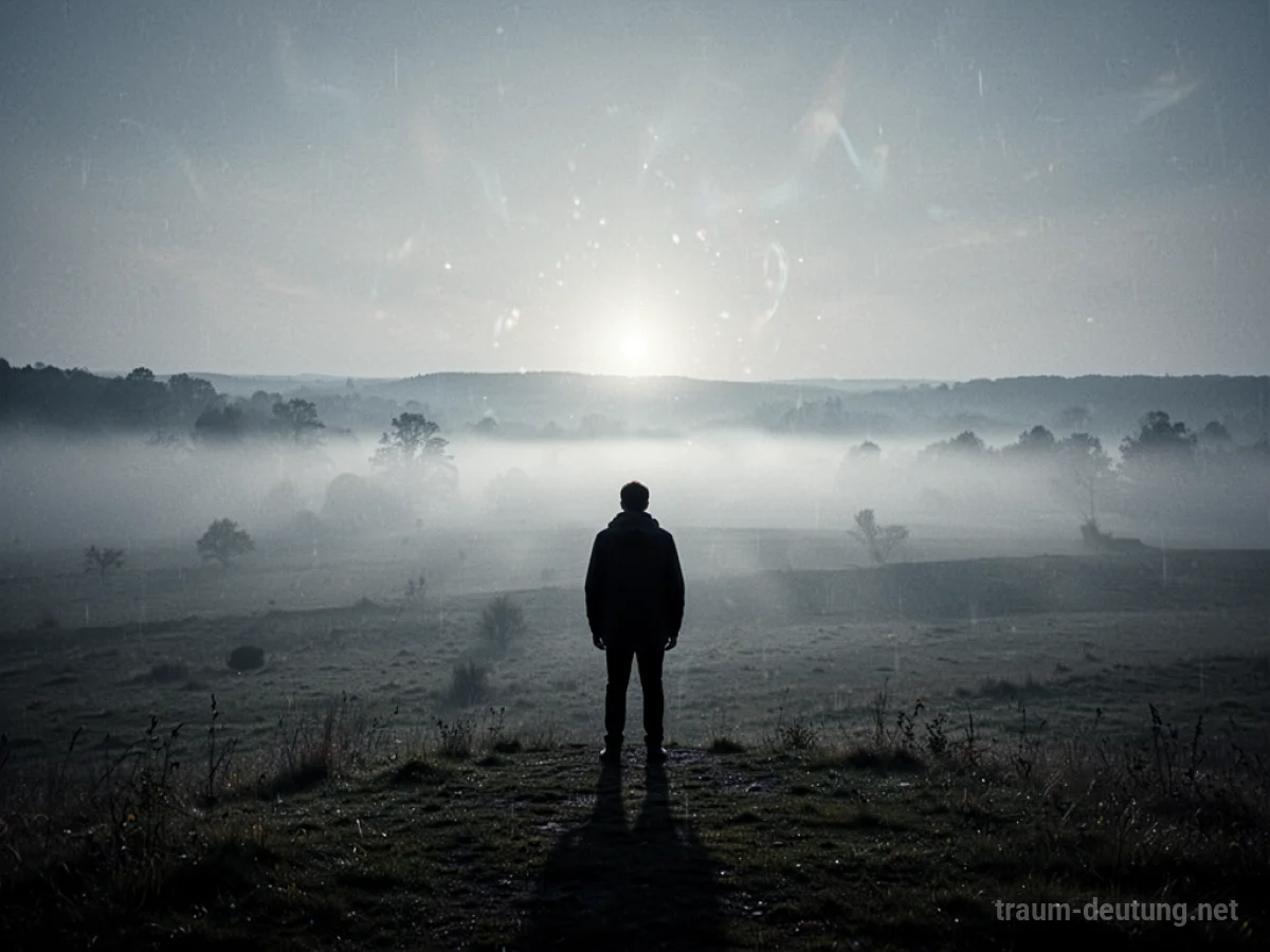 Schattenfigur am Rande einer nebligen Landschaft, symbolisiert Verlust