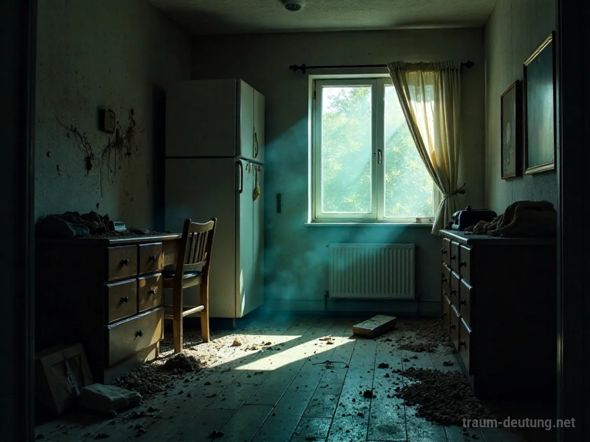 Eine unordentliche und schmutzige Wohnung mit Staub und Unrat.